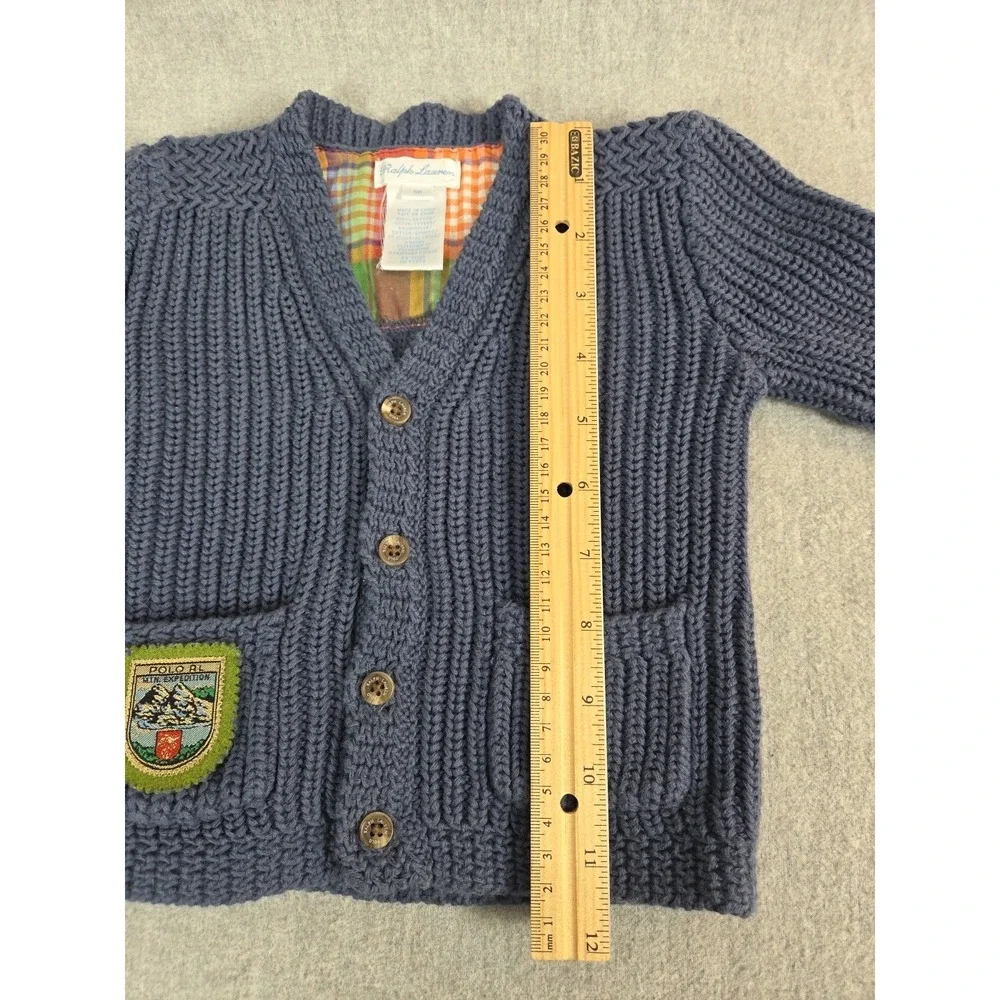 Ralph Lauren Baby Cardigan Sweater 9 Months Blue Cable Knit Expedition Patch Y2K
